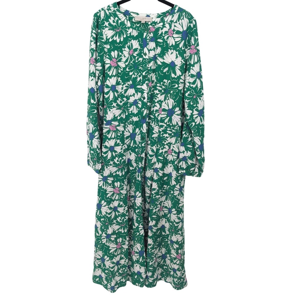 LOFT Midi Dress Womens 14T Tall Green Floral‎ Long Sleeve Pockets Flowy Boho